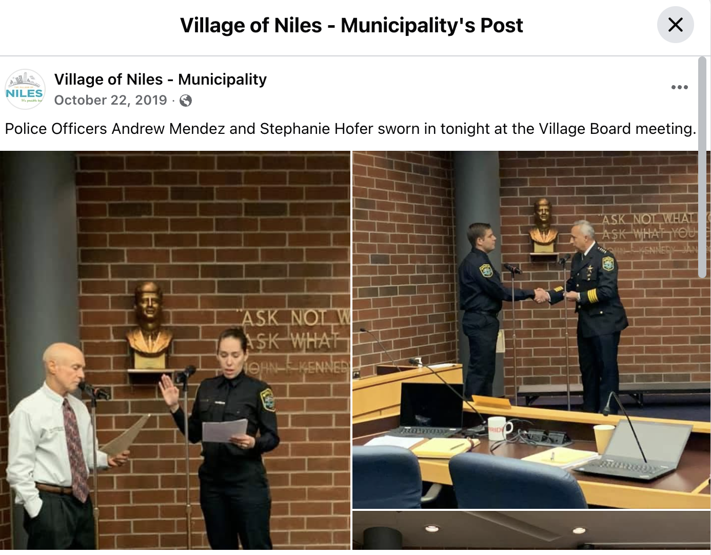 Village of Niles post announcing the swearing-in of Andrew Mendez and Stephanie Hofer on October 22, 2019